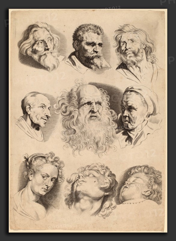 Paulus Pontius after Sir Peter Paul Rubens (Flemish, 1603 - 1658), Nine Heads, engraving