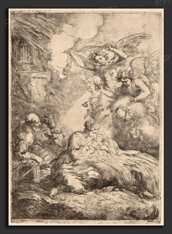 Bartolomeo Biscaino (Italian, 1632 - 1657), The Holy Family Adored by Angels (The Large Nativity), etching on laid paper