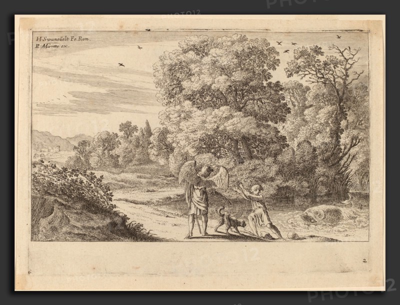 Herman van Swanevelt (Dutch, c. 1600 - 1655), Tobias Frightened by the Fish, etching