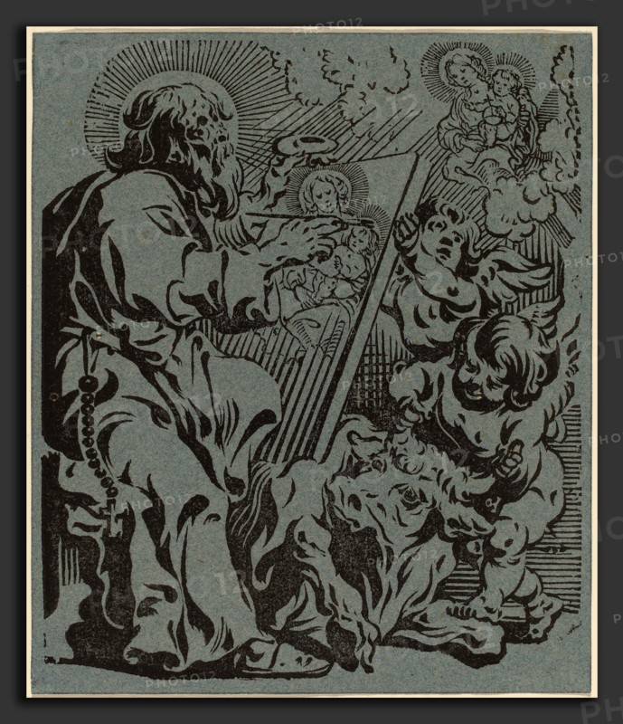 Anthonis Sallaert (Flemish, c. 1590 - 1658), Saint Luke, woodcut on blue laid paper