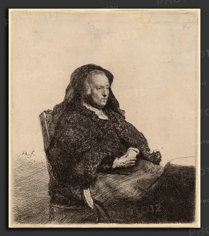 Rembrandt van Rijn (Dutch, 1606 - 1669), The Artist's Mother Seated at a Table, Looking Right, c. 1631, etching