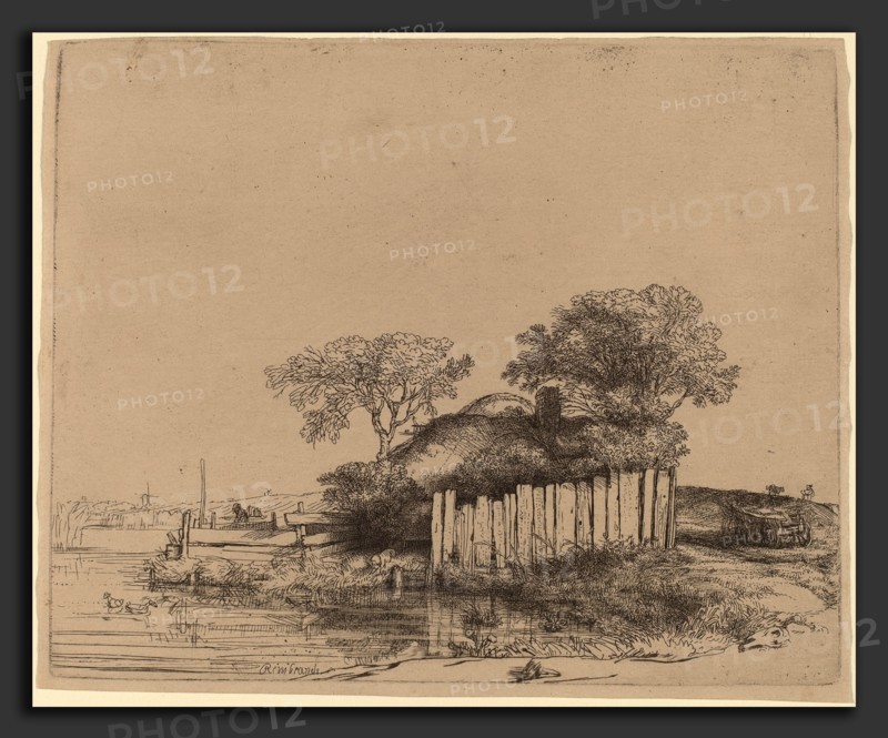 Rembrandt van Rijn (Dutch, 1606 - 1669), Cottage with a White Paling, 1648, etching and drypoint on japan paper