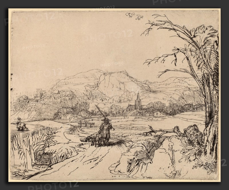 Rembrandt van Rijn (Dutch, 1606 - 1669), Landscape with Sportsman and Dog, c. 1653, etching and drypoint