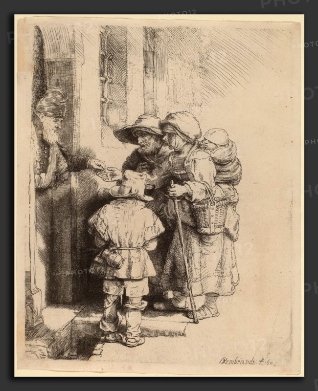 Rembrandt van Rijn (Dutch, 1606 - 1669), Beggars Receiving Alms at the Door of a House, 1648, etching, burin and drypoint