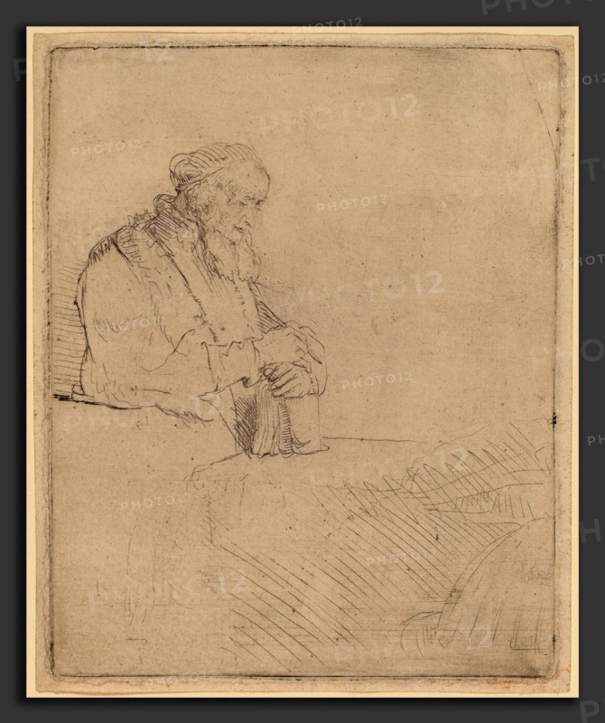 Rembrandt van Rijn (Dutch, 1606 - 1669), Old Man in Meditation, Leaning on a Book, c. 1645, etching and drypoint