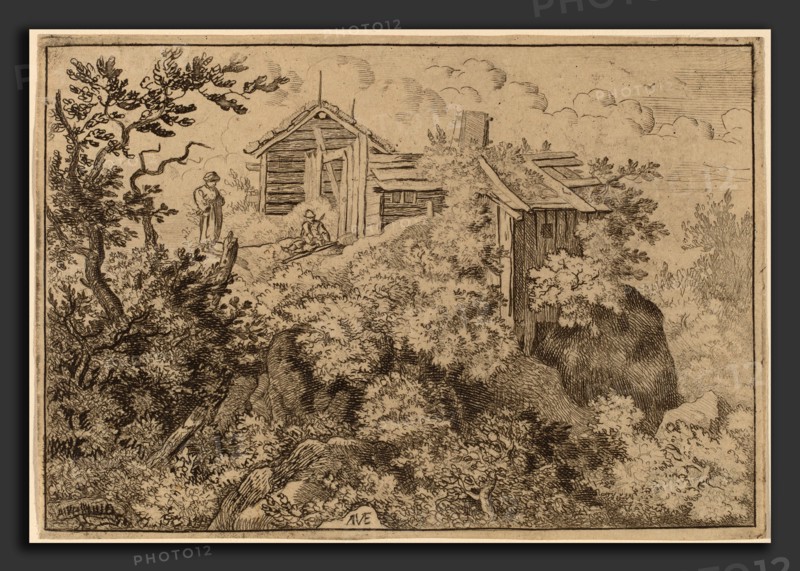 Allart van Everdingen (Dutch, 1621 - 1675), Three Cottages on a Rock, probably c. 1645-1656, etching with engraving and drypoint