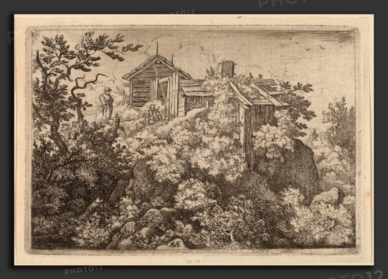 Allart van Everdingen (Dutch, 1621 - 1675), Three Cottages on a Rock, probably c. 1645-1656, etching with engraving