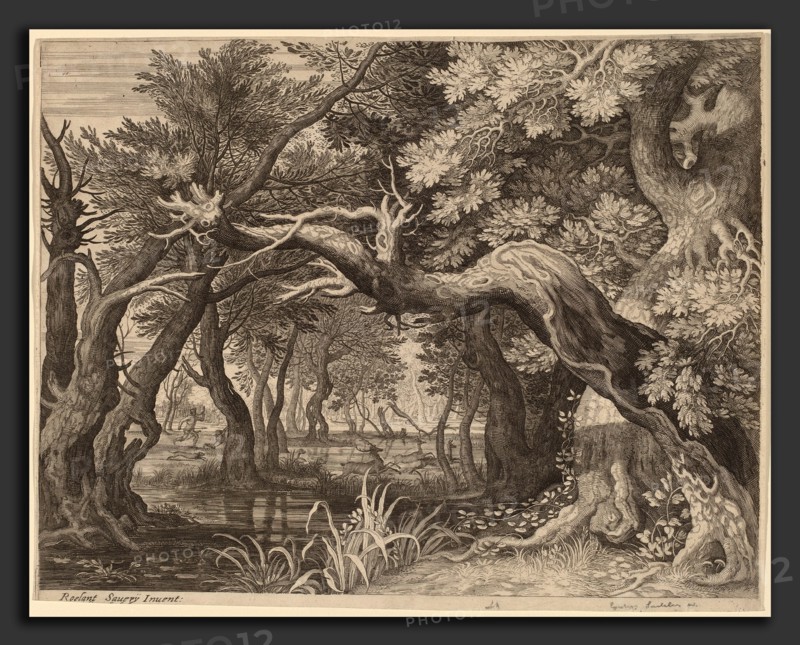 Aegidius Sadeler II after Roelandt Savery (Flemish, c. 1570 - 1629), Stag Hunt near a Pool, engraving