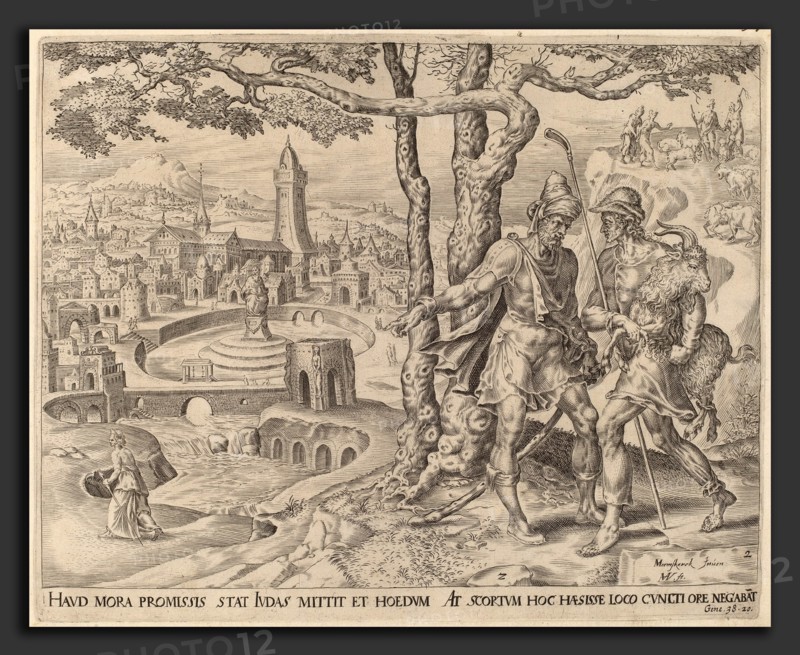 Herman Jansz Muller after Maerten van Heemskerck (Netherlandish, c. 1540 - 1617), Hirah the Adullamite with the Kid, c. 1566, engraving