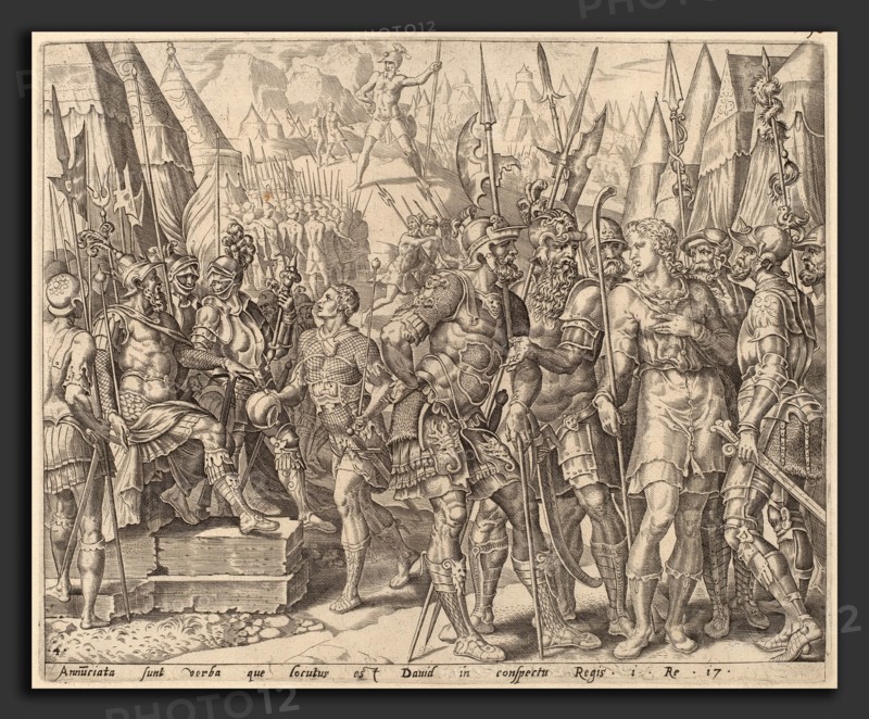 after Maerten van Heemskerck, David's Brother Relating to Him Goliath's Challenge, c.1556, engraving