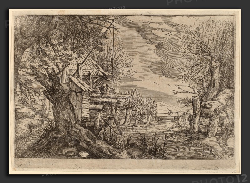 Dutch 17th Century, formerly Jacques de Gheyn II, Landscape with Log House near a River, etching