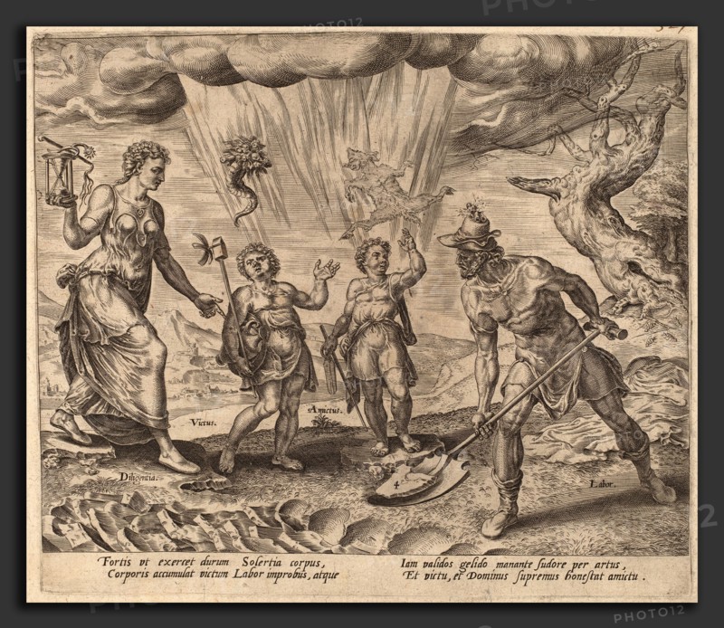 Philip Galle after Maerten van Heemskerck (Flemish, 1537 - 1612), The Lord Endowing the Diligent Worker with Food and Clothing, 1572, engraving