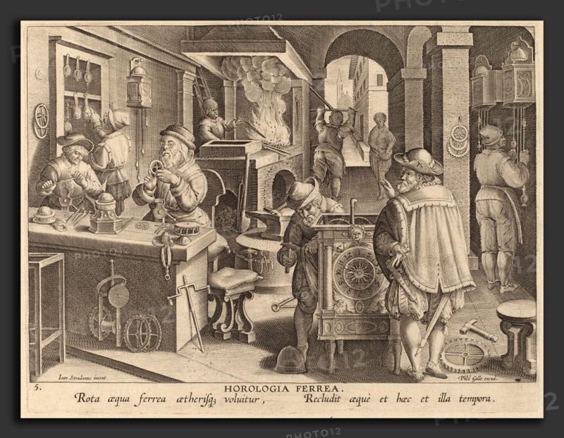 Theodor Galle after Jan van der Straet (Flemish, c. 1571 - 1633), Clockmaking: pl.5, c. 1580-1590, engraving