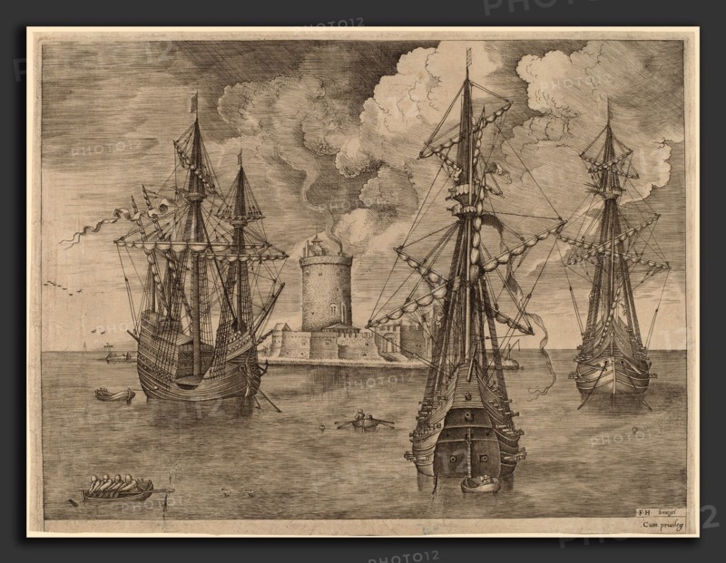 Frans Huys after Pieter Bruegel the Elder (Flemish, 1522 - 1562), Four-Master (Left) and Two Three-Masters Anchored near a Fortified Island with a Lighthouse, 1565, engraving