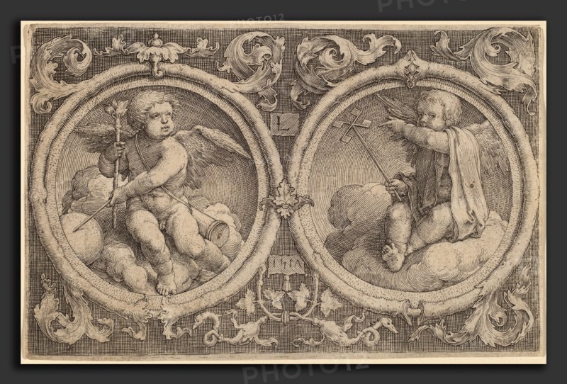 Lucas van Leyden (Netherlandish, 1489-1494 - 1533), Two Cupids Seated on Clouds in Two Circles, 1517, engraving