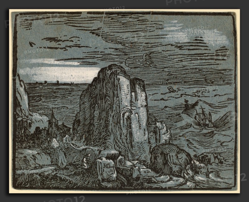 Hendrik Goltzius (Dutch, 1558 - 1617), Cliff on the Seashore, probably 1592-1595, woodcut, hand-colored with white highlights, on blue paper