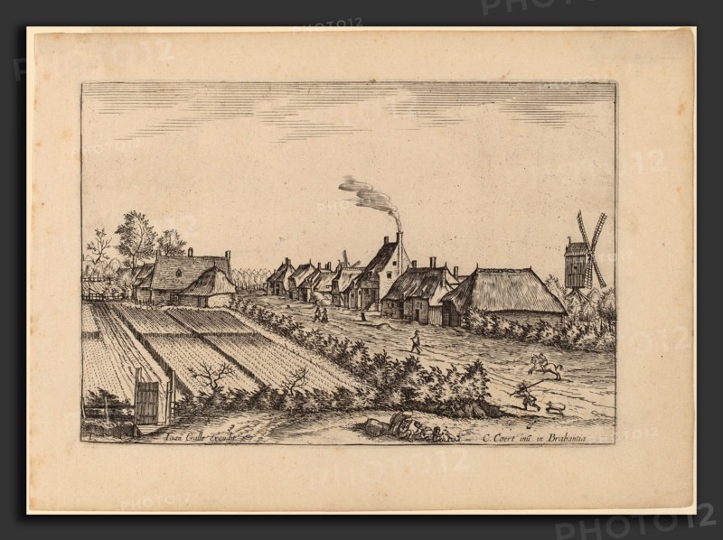 Johannes van Doetechum, the Elder and Lucas van Doetechum after Master of the Small Landscapes (Dutch, active 1554-1572; died before 1589), Fields and a Village Road with Post Mill, published in or before 1676, etching retouched with engraving
