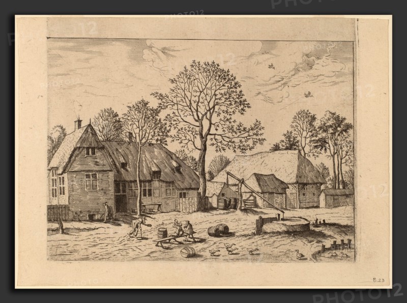 Johannes and Lucas van Doetechum after Master of the Small Landscapes (Dutch, died 1605), Farms with Draw Well, published 1559-1561, etching retouched with engraving