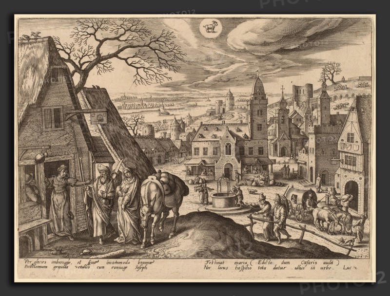 Adriaen Collaert after Hans Bol (Flemish, c. 1560 - 1618), The Virgin and Joseph Refused at the Inn (Capricornus), 1585, engraving