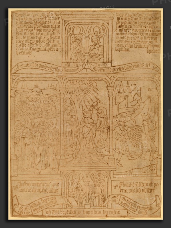Netherlandish 15th Century, The Baptism of Christ; Pharoah Passing th    rough the Red Sea; Joshua and Caleb, c. 1465, woodcut (block book page)