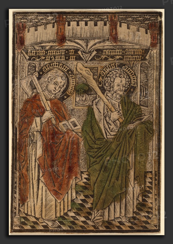 Attributed to Master d (Netherlandish, active c. 1450-1465), Saint Matthias and Saint Jude with Articles from the Credo, 1450-1460, metalcut, hand-colored in olive green, dull red lake and yellow