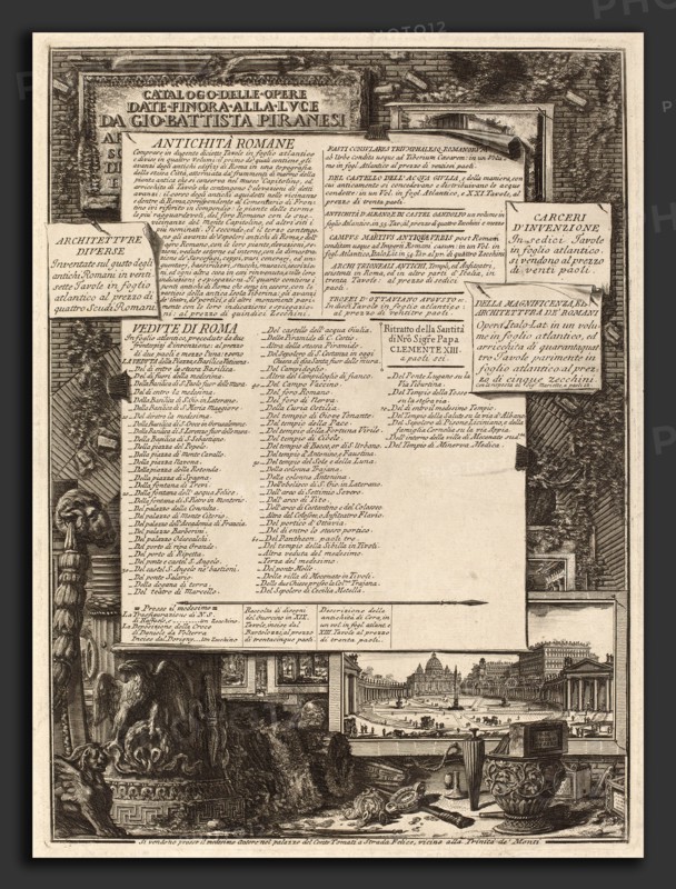 Giovanni Battista Piranesi (Italian, 1720 - 1778), Catalogo delle Opere, etching