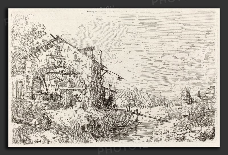 Canaletto (Italian, 1697 - 1768), Landscape with a Woman at a Well [lower left], c. 1735-1746, etching on laid paper