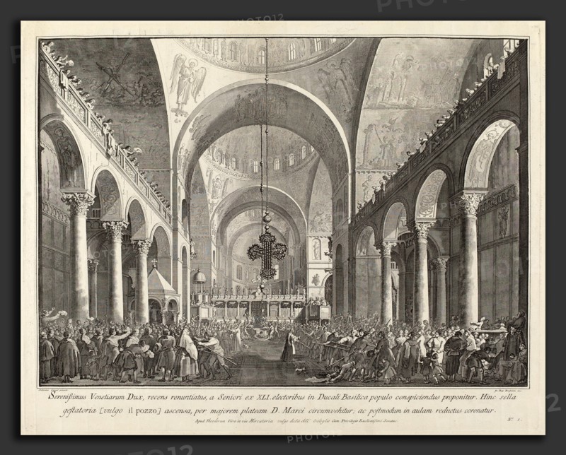 Giovanni Battista Brustolon after Canaletto (Italian, 1712 - 1796), The Newly Elected Doge Presented to the People in San Marco, 1763-1766, etching and engraving on laid paper