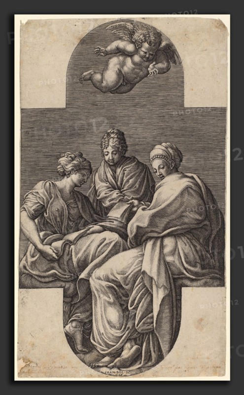 Giorgio Ghisi after Francesco Primaticcio (Italian, 1520 - 1582), Three Muses and a Gesturing Putto, 1560s, engraving on laid paper