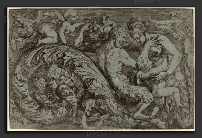 Angelo Falconetto (Italian, active c. 1555-1567), Decorative Panel with Mythological Figures, 1555-1565, etching and engraving on blue paper