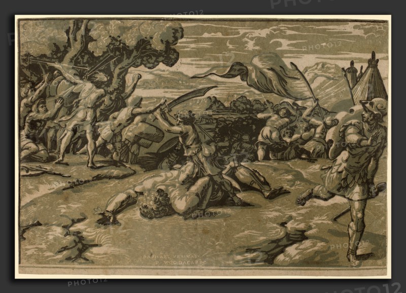Ugo da Carpi after Raphael (Italian, c. 1480 - 1532), David Slaying Goliath, chiaroscuro woodcut (3 blocks)