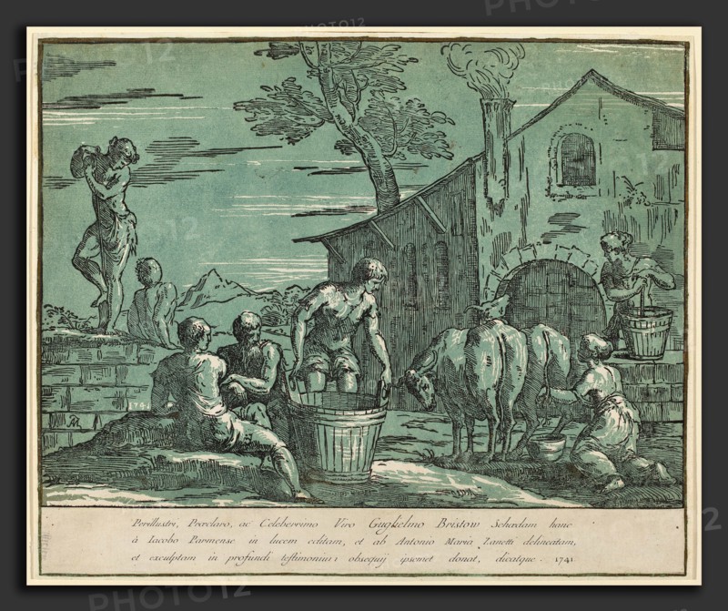 conte Antonio Maria Zanetti I after Bertoia (Italian, 1680 - 1757), Pastoral Scene, 1741, chiaroscuro woodcut in black and green, with green watercolor