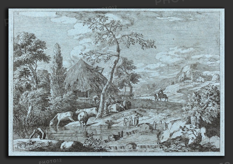 Marco Ricci (Italian, 1676 - 1729), Cattle and Figures at a Farmyard Stream, etching on blue laid paper