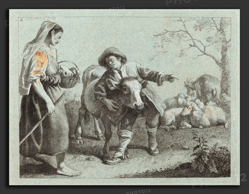 Francesco Londonio (Italian, 1723 - 1783), Shepherd Pointing Out the Direction to a Shepherdess, 1762, etching heightened with white gouache on blue laid paper