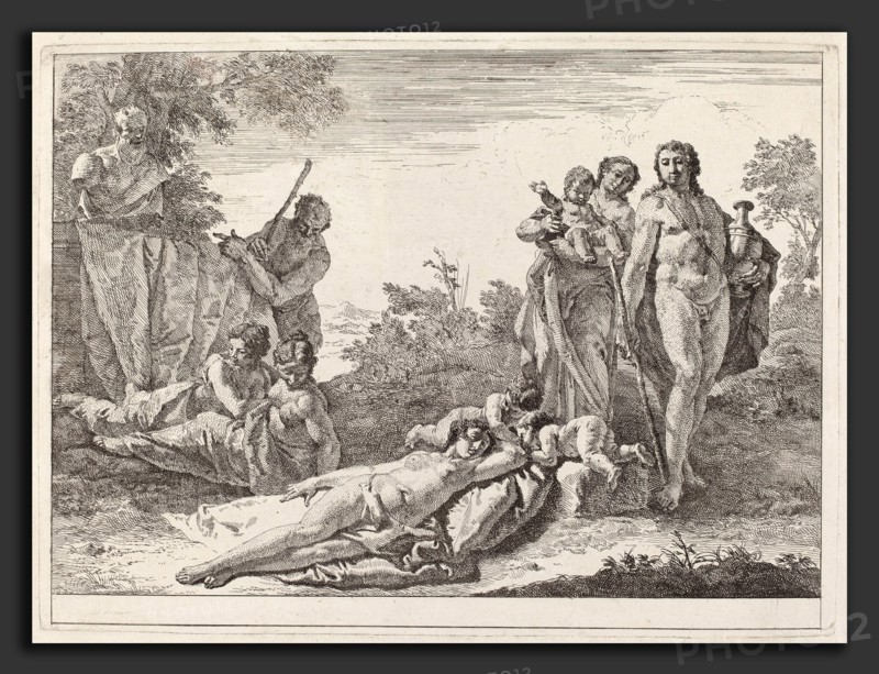 Francesco Fontebasso (Italian, 1709 - 1769), Apollo and Nymphs in a Landscape with a Bust of Pan, 1744, etching on laid paper