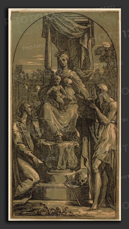 Anton Maria Zanetti after Parmigianino (Italian, 1679-1680 - 1767), Madonna and Child Enthroned, Saint Jerome and Saint Francis, chiaroscuro woodcut