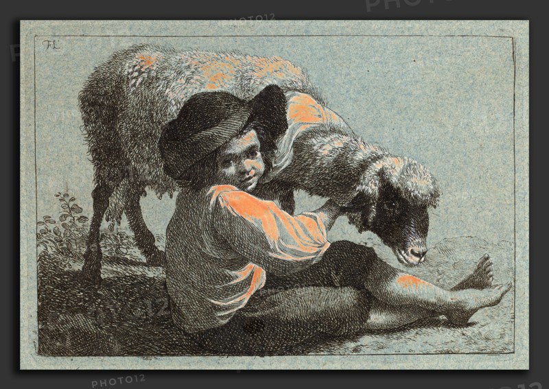 Francesco Londonio (Italian, 1723 - 1783), Seated Peasant Boy Holding a Sheep, etching heightened with white on blue laid paper