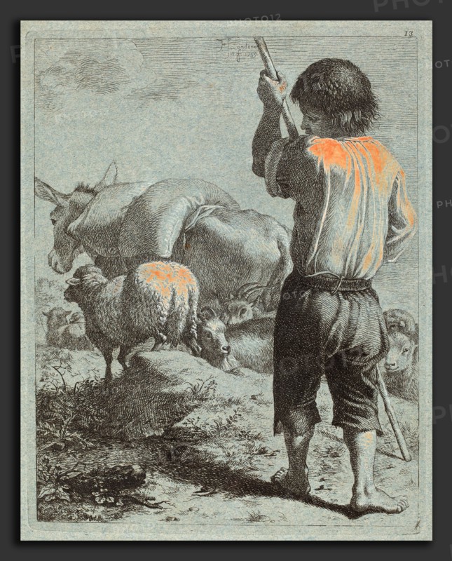 Francesco Londonio (Italian, 1723 - 1783), Shepherd with Donkey, Sheep and Goat, 1759, etching heightened with white gouache on blue paper