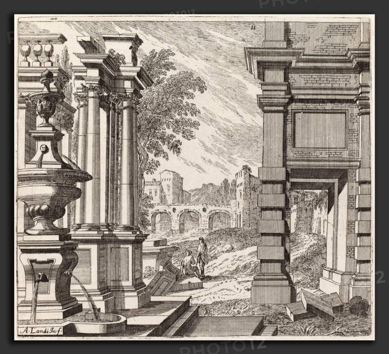 Giuseppe Antonio Landi (Italian, 1713 - 1791), Architectural Fantasy with a Fountain, Classical Ruins, and a Bridge, before 1753, etching and engraving on laid paper
