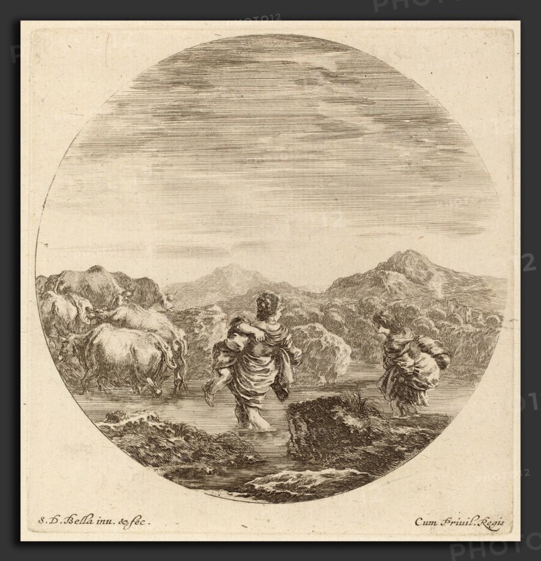 Stefano Della Bella (Italian, 1610 - 1664), Two Women Fording a Creek with a Herd of Cows, etching on laid paper [restrike]