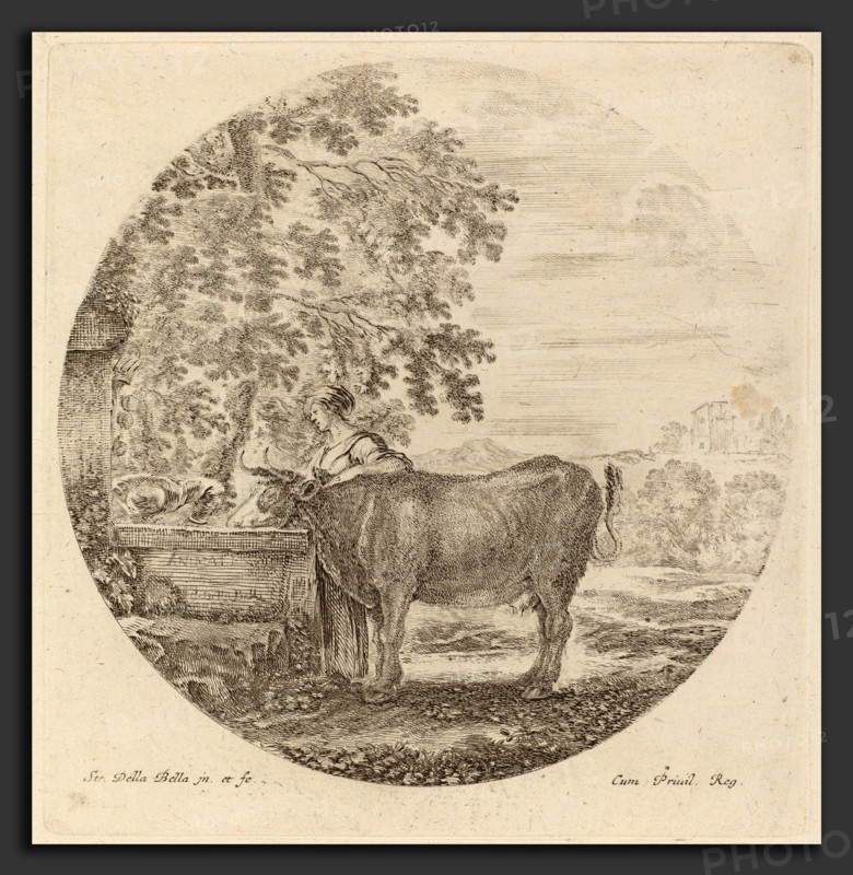 Stefano Della Bella (Italian, 1610 - 1664), Cow and Young Shepherd at a Fountain, etching on laid paper [restrike]
