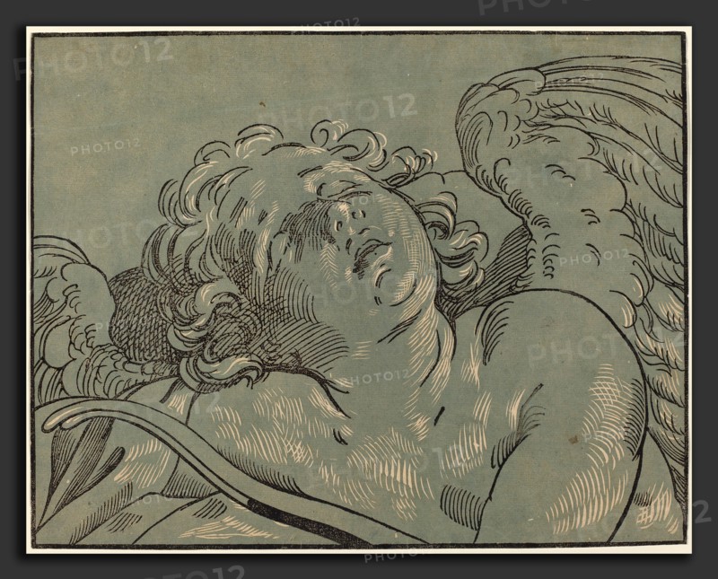 Bartolomeo Coriolano after Guido Reni (Italian, active 1627-1653), Cupid Asleep, chiaroscuro woodcut