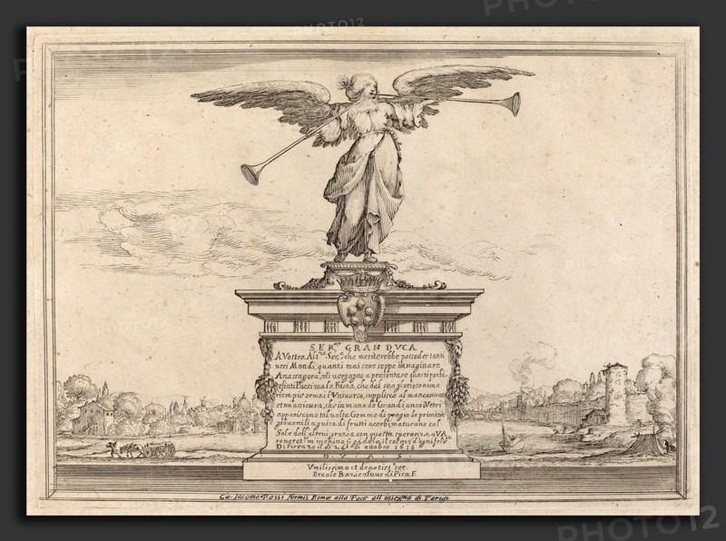 Ercole Bazicaluva (Italian, c. 1610 - 1661 or after), Dedication Page with Statue of Fama, 1638, etching on laid paper