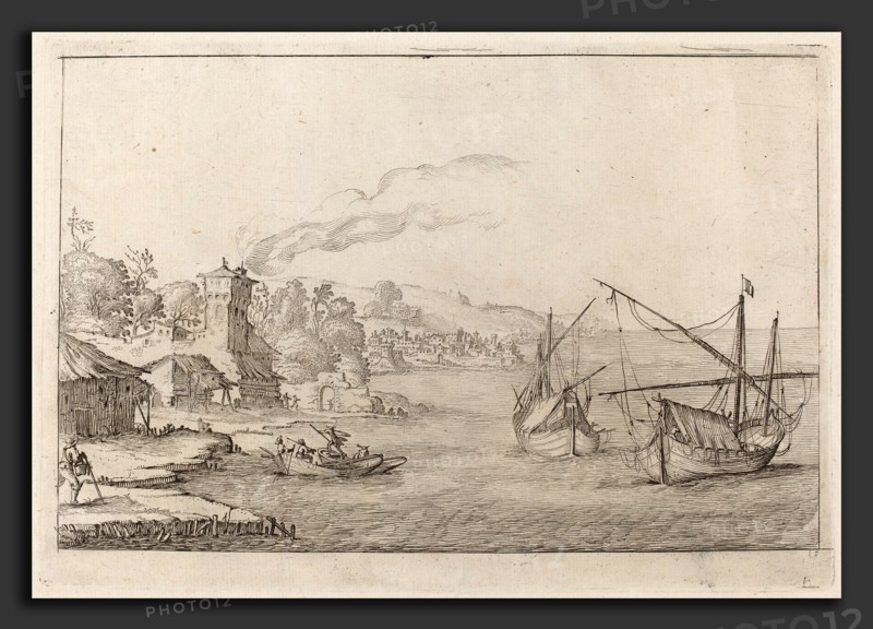 Ercole Bazicaluva (Italian, c. 1610 - 1661 or after), Coastal Landscape with Anchored Vessels, 1638, etching on laid paper