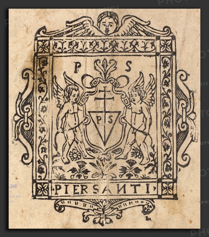 Italian 16th Century, Two Putti with Shield Inscribed Pier Santi, 16th century, woodcut