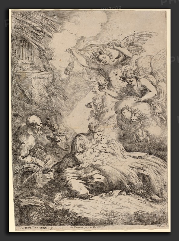 Bartolomeo Biscaino (Italian, 1632 - 1657), The Holy Family Adored by Angels (The Large Nativity), etching