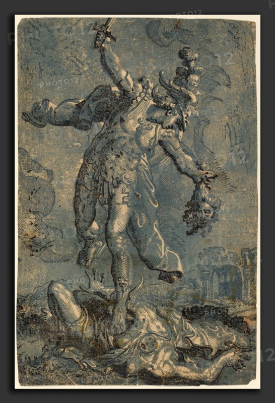 Italian 16th-17th Century after Marco Pino, Perseus, chiaroscuro woodcut printed in black and blue on laid paper