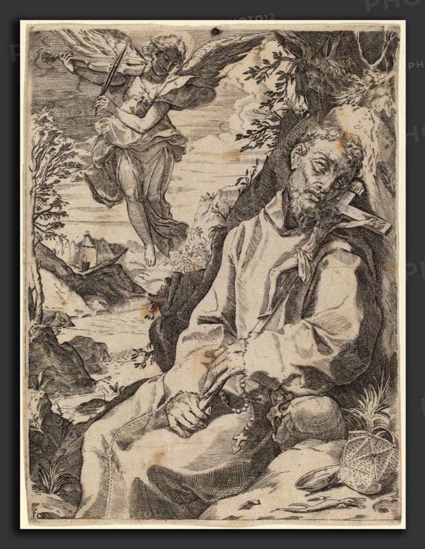 Attributed to Francesco Carracci after Agostino Carracci (Italian, c. 1595 - 1622), Saint Francis Consoled by the Musical Angel, engraving