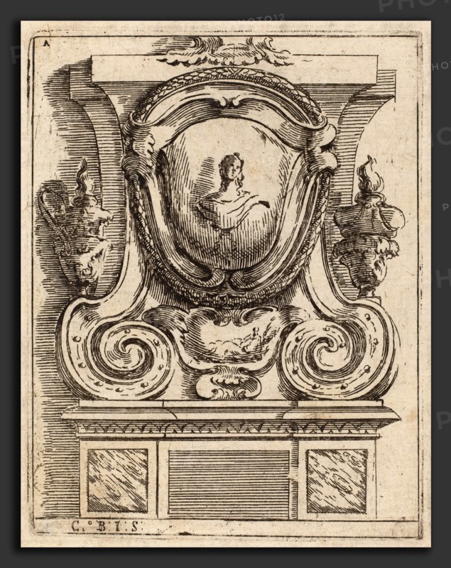 Carlo Antonio Buffagnotti (Italian, c. 1660 - after 1710), Architectural Motif with Bust and Two Lamps, c. 1690, etching on laid paper