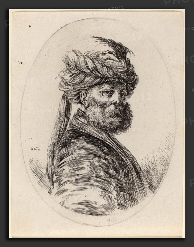 Stefano Della Bella (Italian, 1610 - 1664), Bearded Moor in a Feathered Turban with a Veil, Turned to the Right, 1649-1650, etching on laid paper